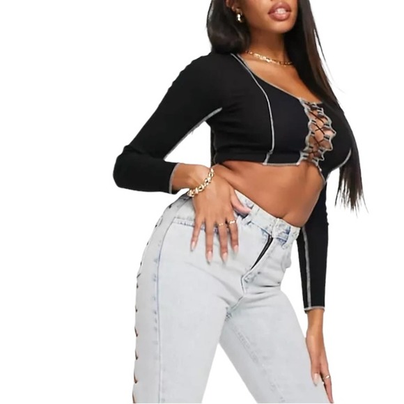 ASOS DESIGN Hourglass Exposed Seam Long Sleeve Top with Lace Up in Black - Picture 8 of 8